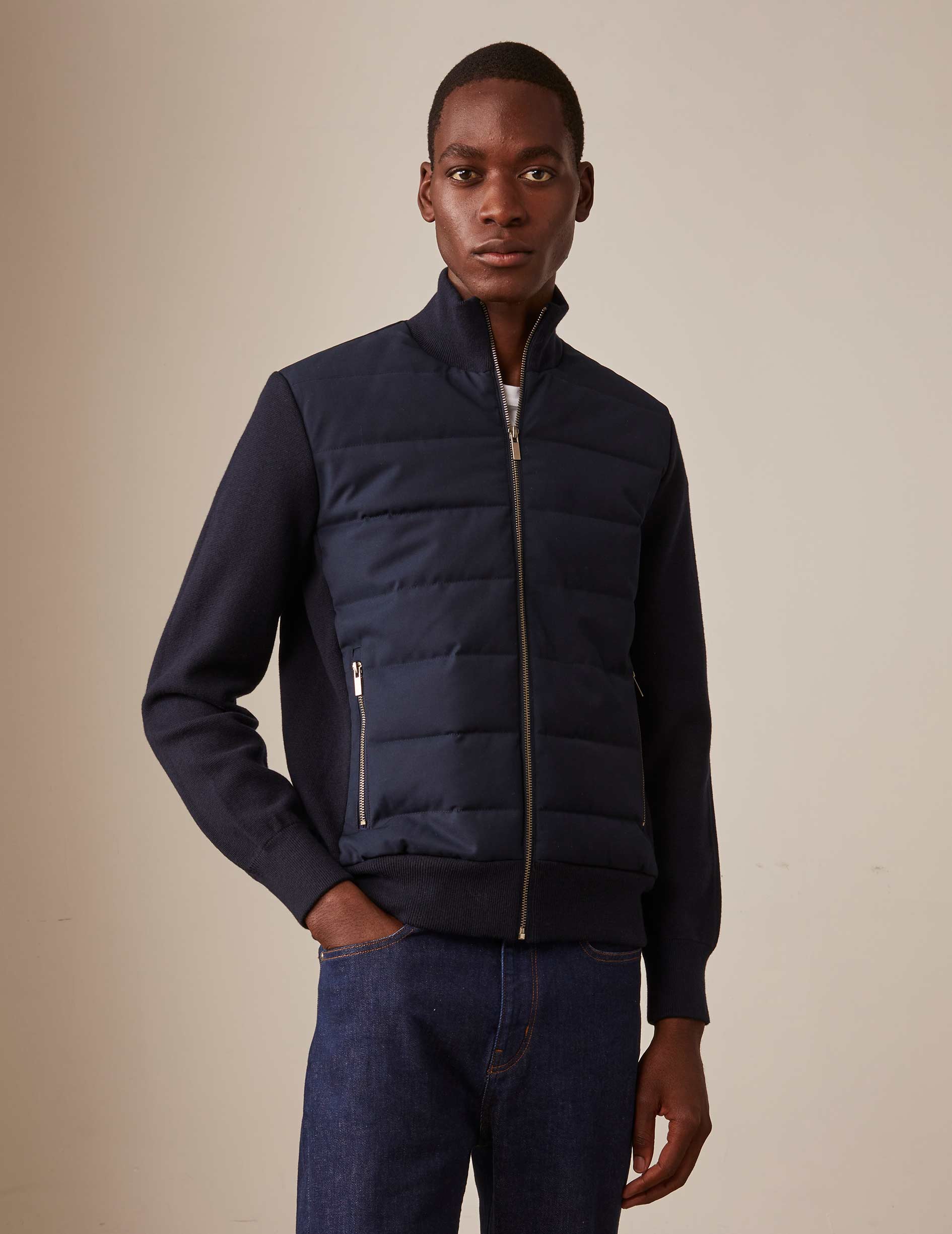 Blouson Elie bi-matière en laine et coton marine